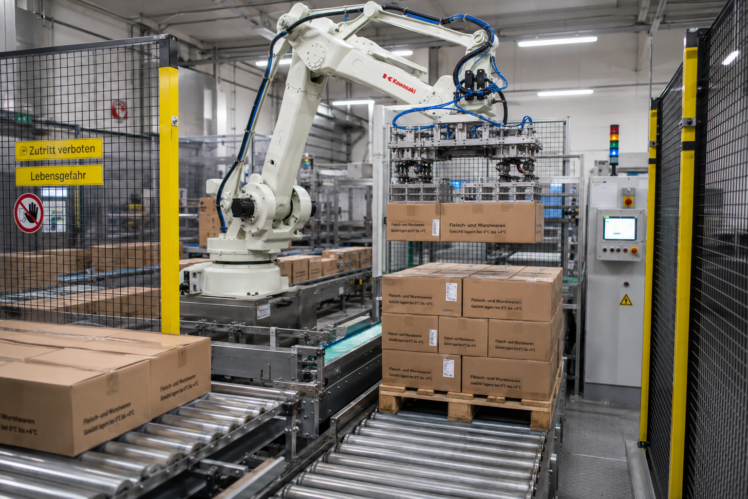 Roboter-Pick-and-Place beim Einlegen von Wurstpackungen in Kartons