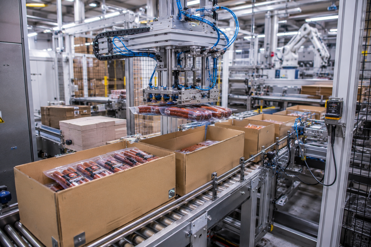 Palettier-Roboter stapelt Kartons mit Fleisch- und Wurstwaren