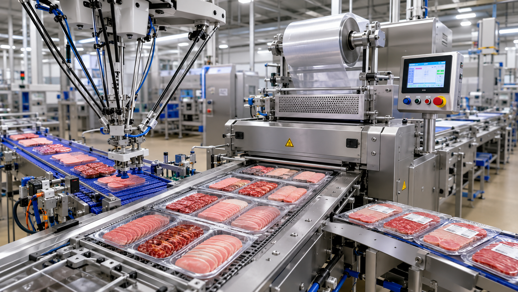 Tiefzieh-Verpackungsanlage mit Fleisch in Schalen
